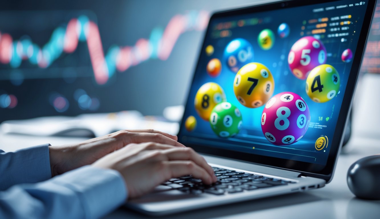 Seorang pria menggunakan laptop di meja kerja dengan bola lotre berwarna-warni di layar, menunjukkan aktivitas prediksi togel online.