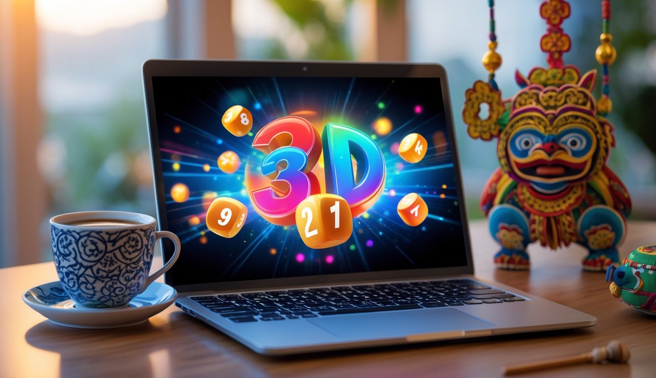 Seorang pengguna sedang bermain togel 3D online di depan laptop dengan elemen budaya Indonesia di sekitarnya.