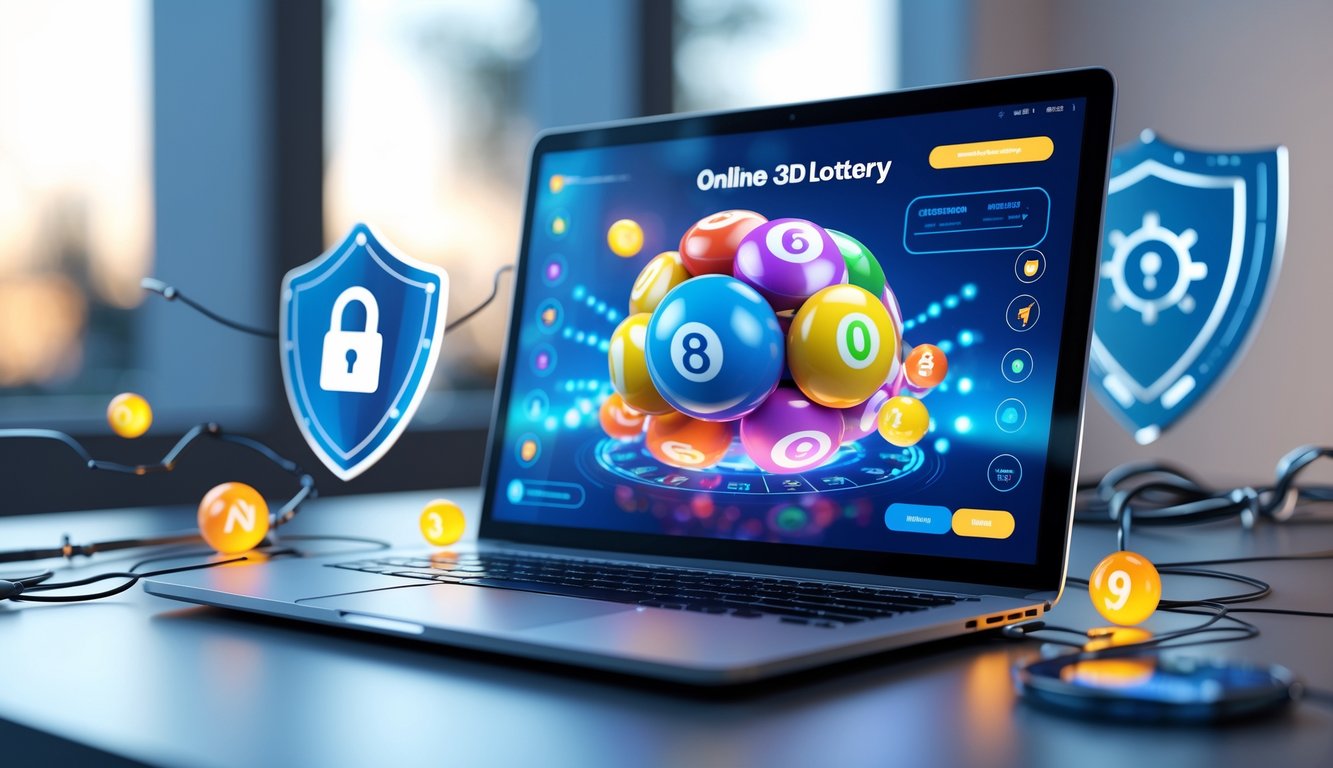 Seorang pria menggunakan laptop di meja kerja dengan tampilan permainan lotre 3D di layar, dikelilingi simbol keamanan digital.