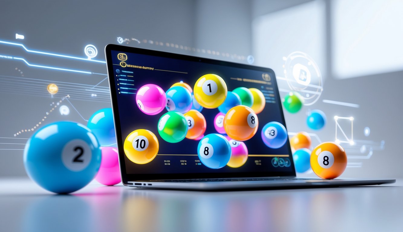 Layar komputer menampilkan bola togel 3D berwarna-warni dengan angka, dikelilingi elemen digital dan latar belakang minimalis.