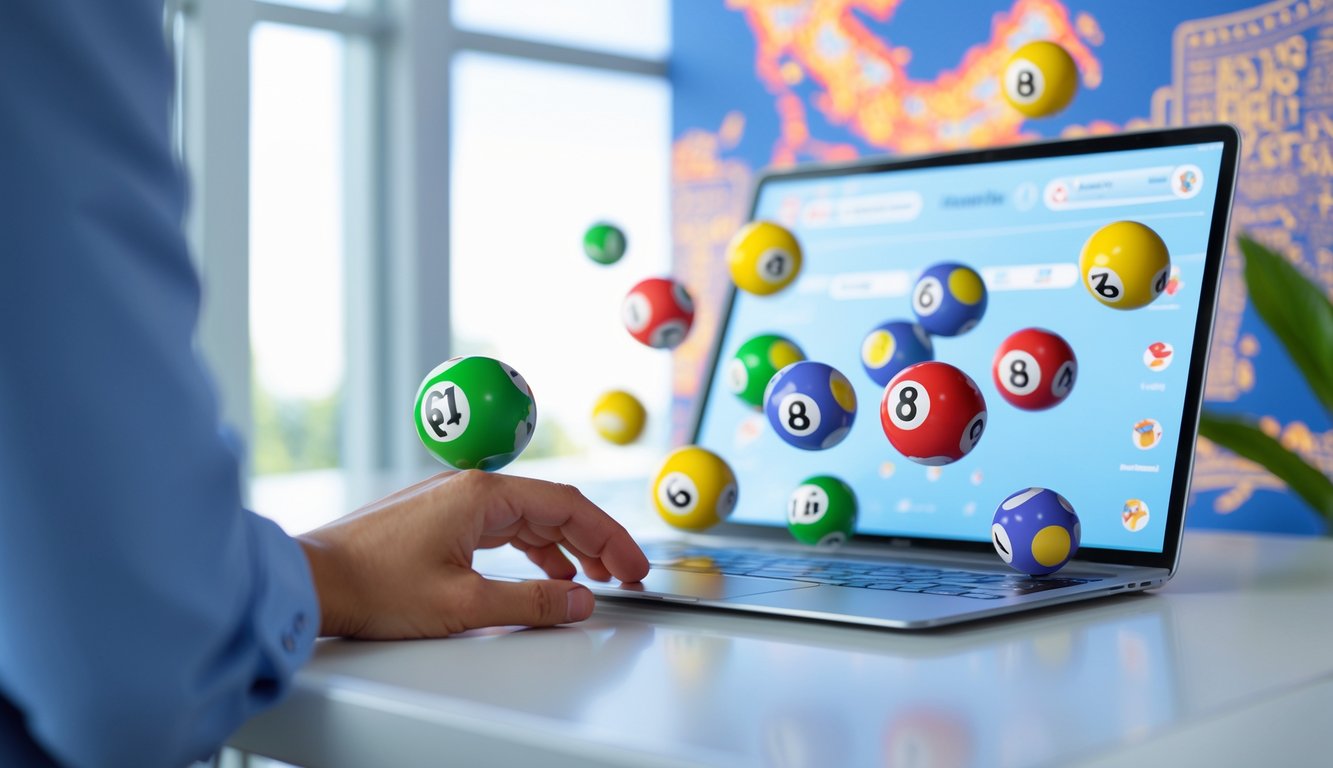 Tampilan antarmuka digital modern dengan bola lotere 3D berwarna-warni dan latar belakang elemen budaya Indonesia.
