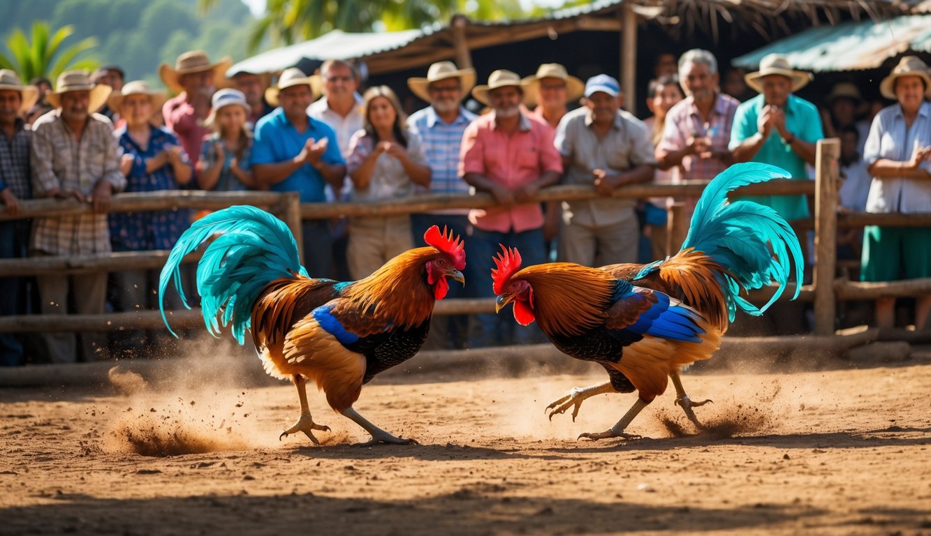 Dua ayam jago sedang bertarung di arena terbuka dengan penonton yang memperhatikan di latar belakang.