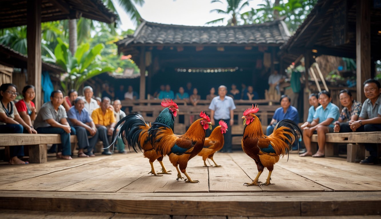 Arena sabung ayam tradisional dengan beberapa ayam jago dan penonton yang memperhatikan pertandingan.