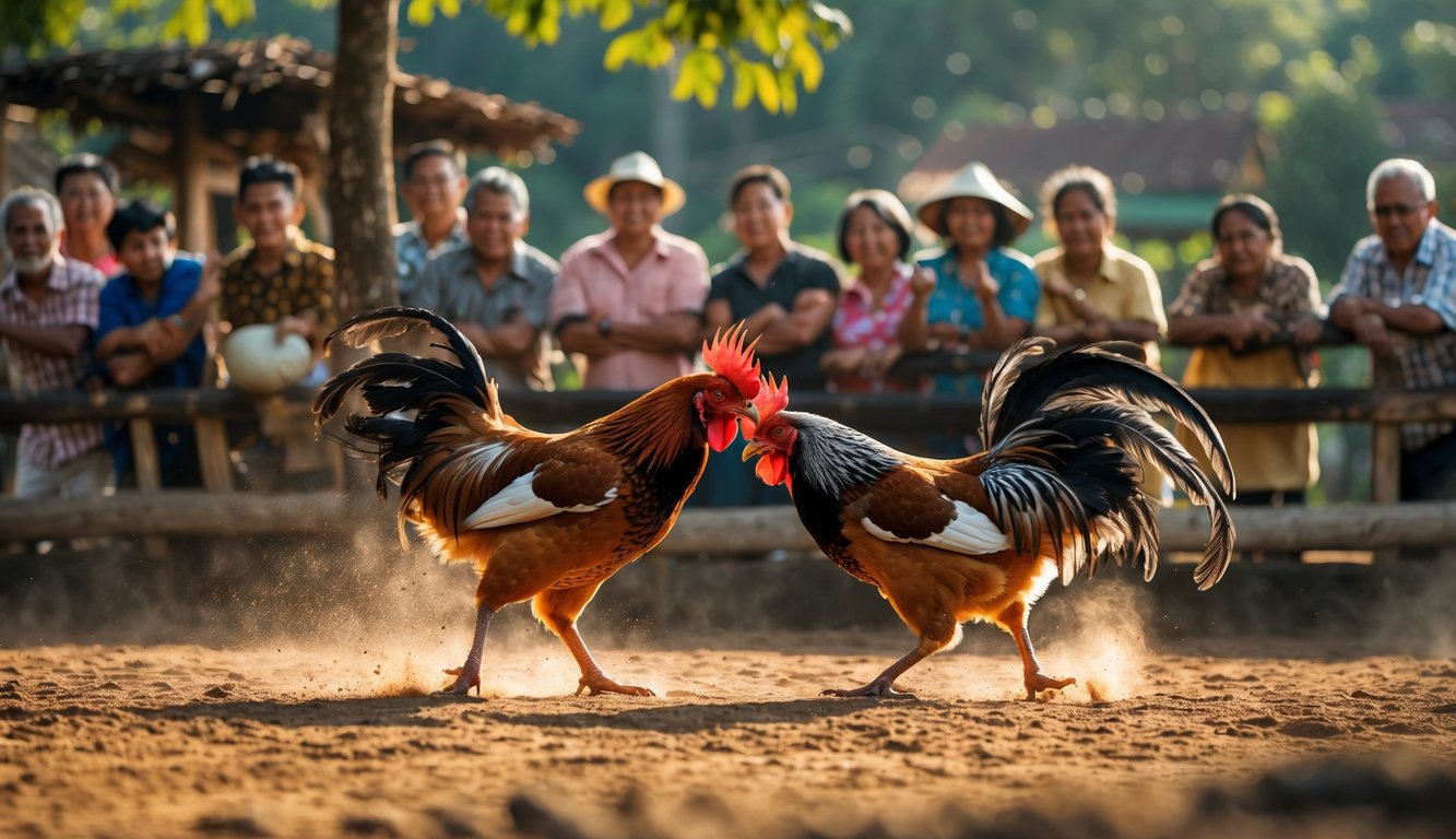Dua ayam jantan sedang bertarung di arena terbuka dengan penonton di sekitarnya yang memperhatikan dengan antusias.