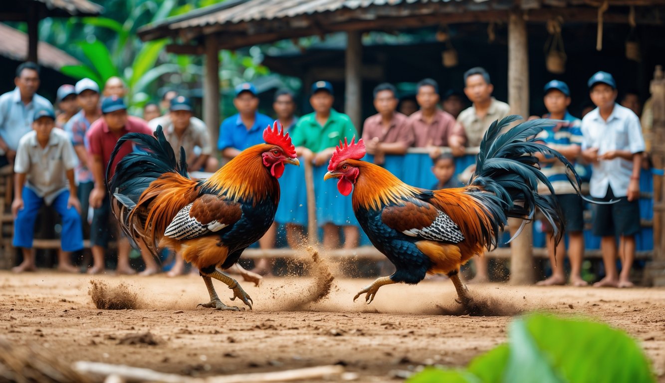 Dua ayam jago sedang bertarung di depan sekelompok penonton di lingkungan pedesaan Indonesia.