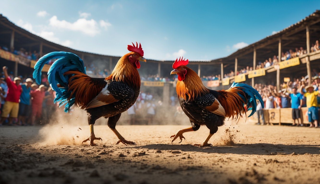 Suasana arena sabung ayam dengan dua ayam bertarung dan penonton yang antusias di sekitarnya.
