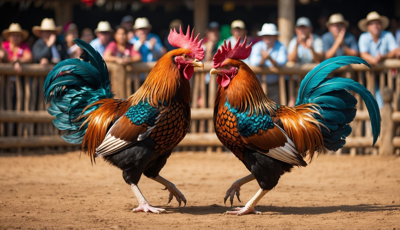 Dua ayam jago sedang bertarung di arena terbuka dengan penonton yang antusias di latar belakang.
