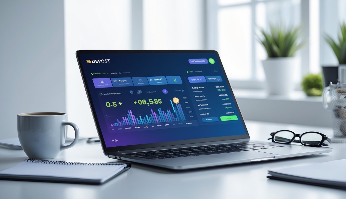 Seorang pengguna sedang menggunakan laptop di meja kerja dengan layar menampilkan antarmuka digital yang menunjukkan aktivitas transaksi online.