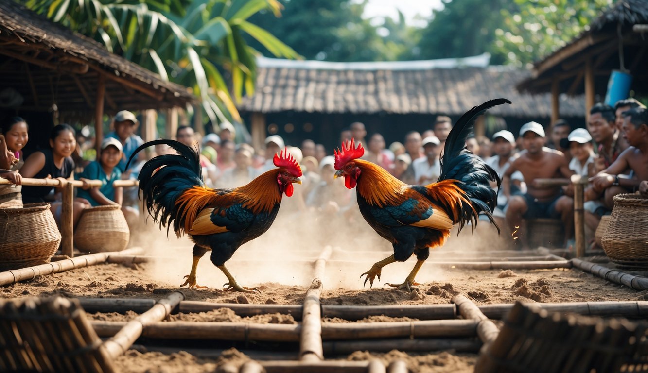 Dua ayam jago sedang bertarung di arena kayu dengan penonton di sekitar dan latar belakang desa tropis.