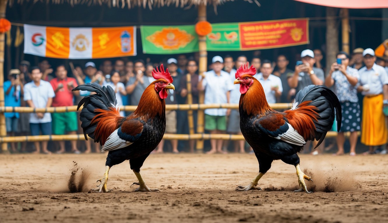 Dua ayam jago sedang bertarung di arena terbuka dengan penonton yang antusias di latar belakang.
