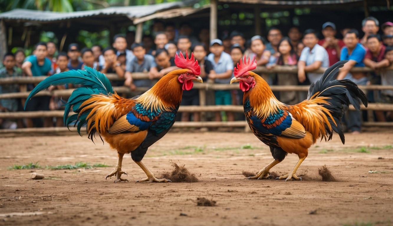 Dua ayam jago berwarna-warni sedang bertarung di arena sabung ayam dengan penonton yang antusias di latar belakang.