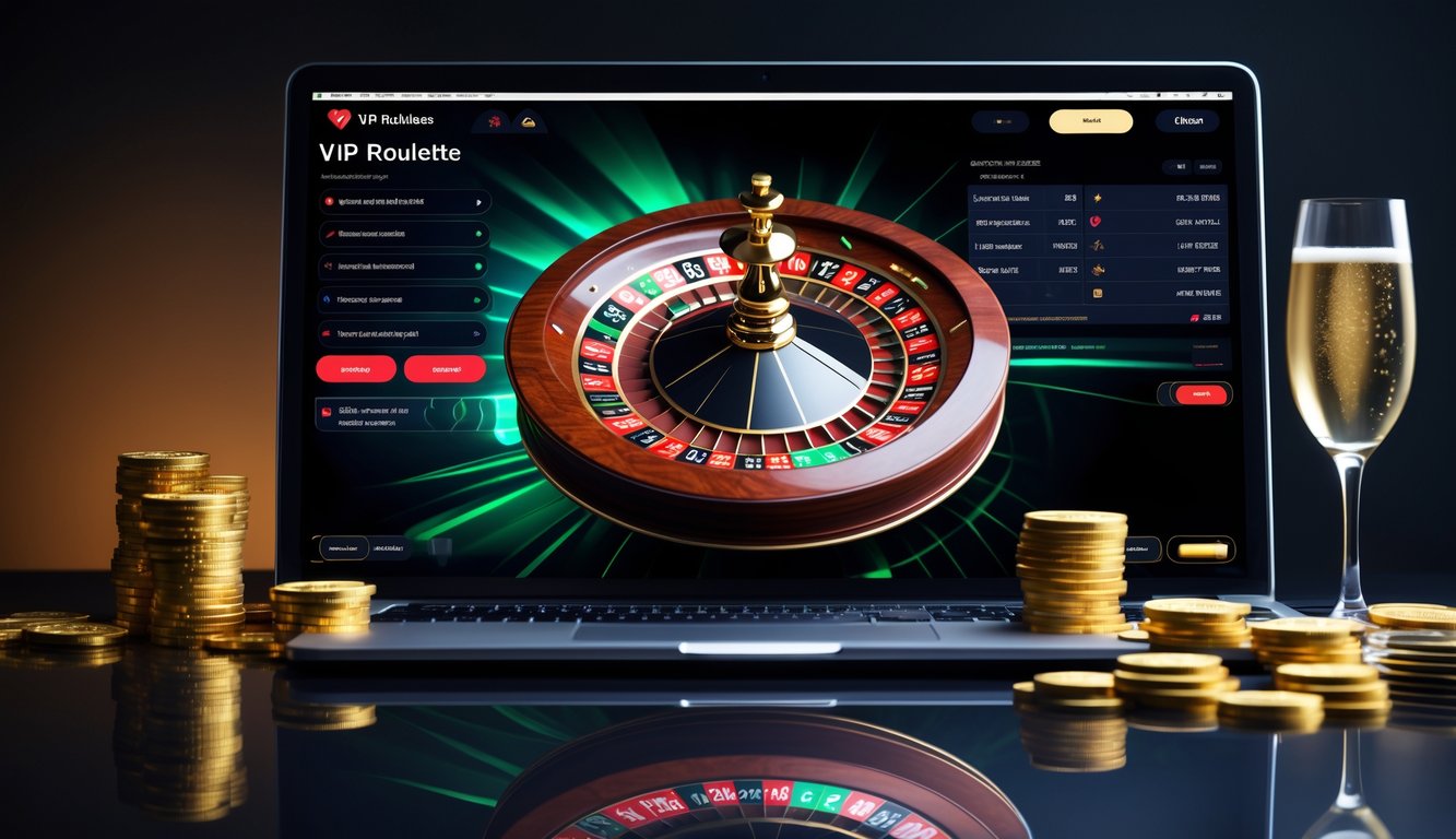 Sebuah meja roulette digital mewah dengan roda roulette berwarna merah, hitam, dan hijau yang berputar di layar komputer, dikelilingi oleh tumpukan chip emas dan segelas sampanye.