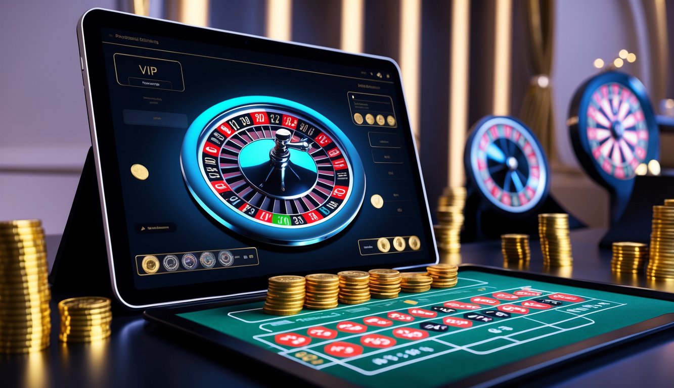 Sebuah meja roulette digital VIP yang mewah ditampilkan di layar komputer dengan latar belakang elegan dan pencahayaan lembut.
