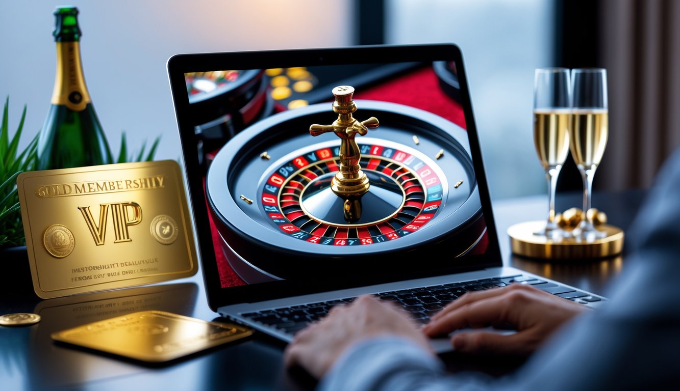 Seseorang menggunakan komputer dengan tampilan roda roulette yang berputar, dikelilingi oleh elemen mewah seperti kartu keanggotaan emas dan gelas sampanye.