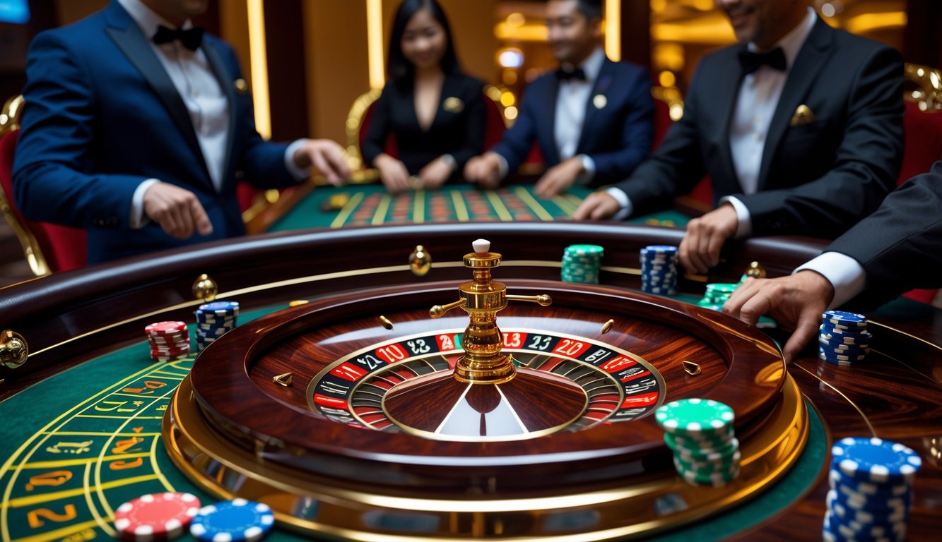 Meja roulette mewah dengan pemain berpakaian rapi sedang memasang taruhan di kasino VIP Indonesia.