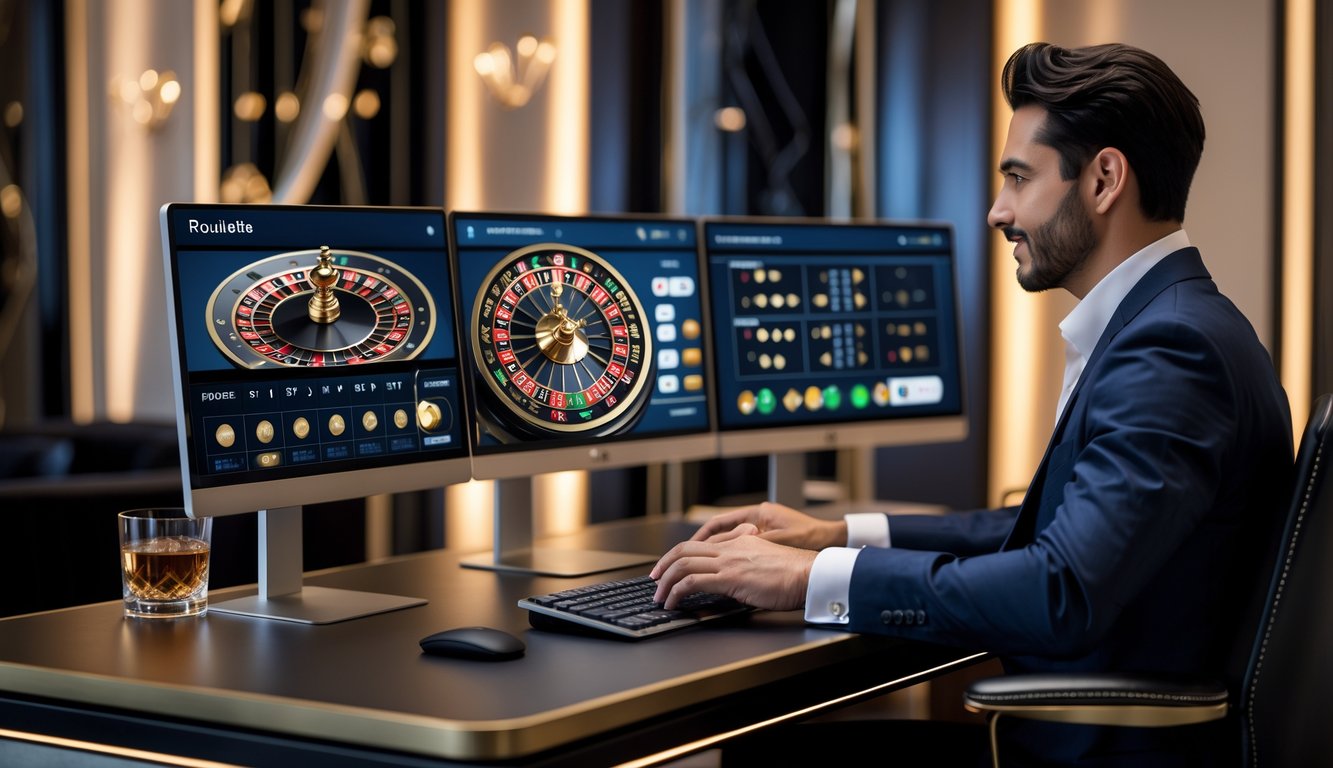 Seorang pemain roulette online VIP duduk di depan komputer dengan layar menampilkan permainan roulette, suasana mewah dan elegan.