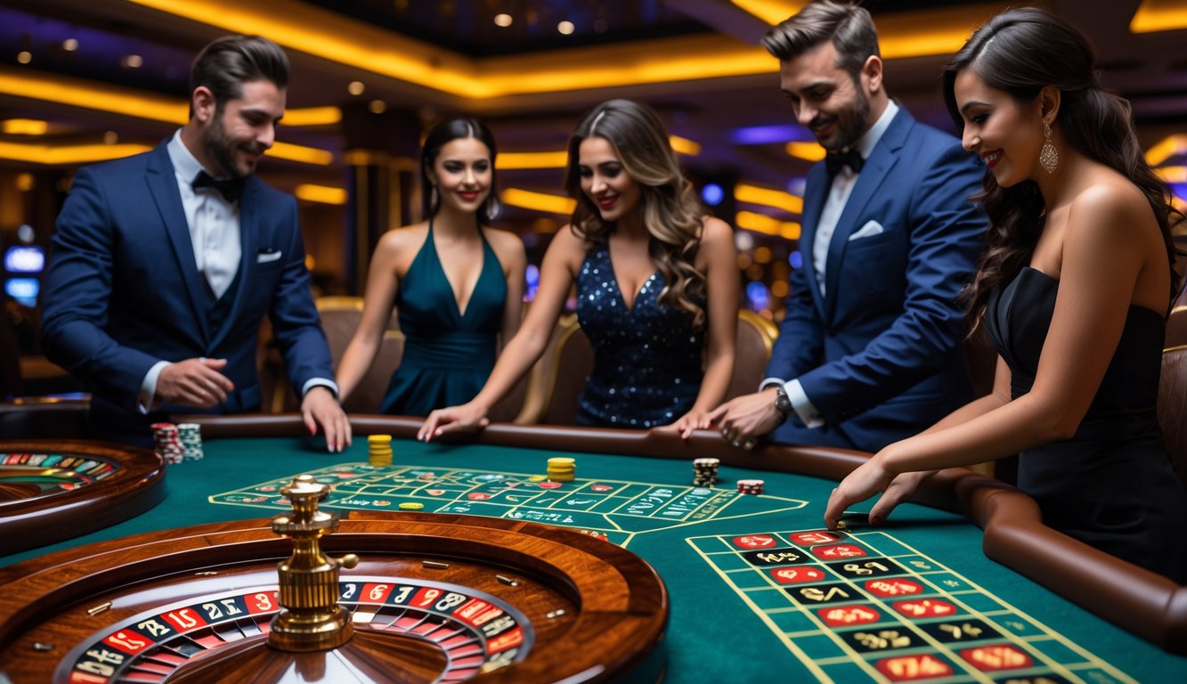 Meja roulette VIP di kasino dengan pemain berpakaian formal sedang bermain di sekitar roda roulette yang berputar.