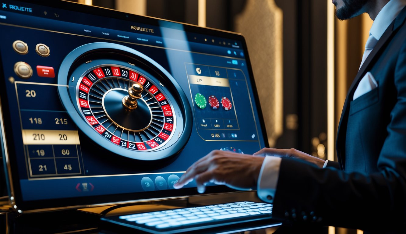 Seseorang sedang bermain roulette online VIP di depan layar komputer dalam ruangan mewah dengan pencahayaan redup.