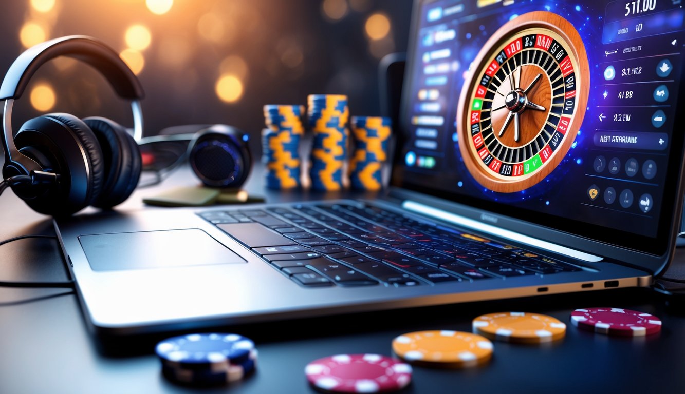 Seseorang bermain roulette VIP online dengan layar komputer menampilkan roda roulette yang berputar dan aksesori permainan di sekitarnya.