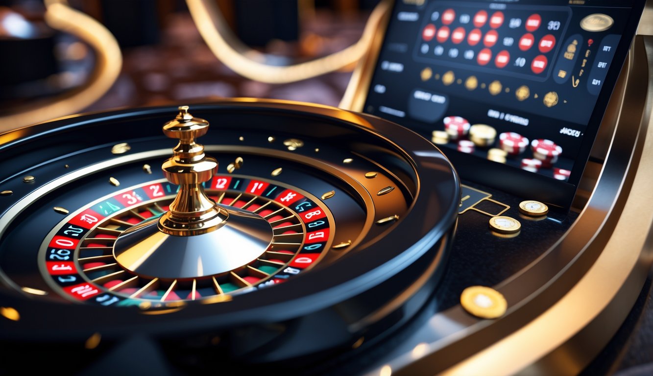 Layar komputer menampilkan roda roulette digital berwarna merah dan hitam dengan latar belakang antarmuka kasino online yang mewah.