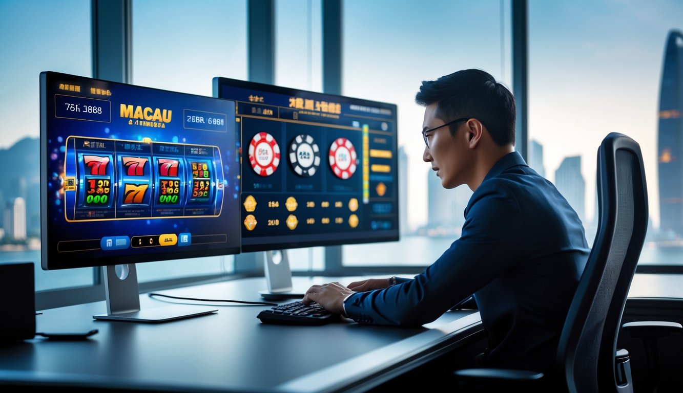 Seorang profesional sedang menggunakan komputer di ruang kerja modern dengan tampilan permainan kasino digital di layar.