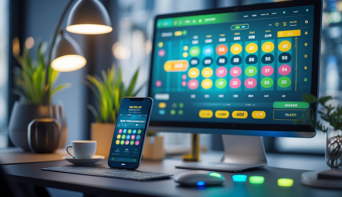 Meja kerja modern dengan komputer menampilkan antarmuka permainan online, ponsel di samping, dan dekorasi sederhana di sekitar.