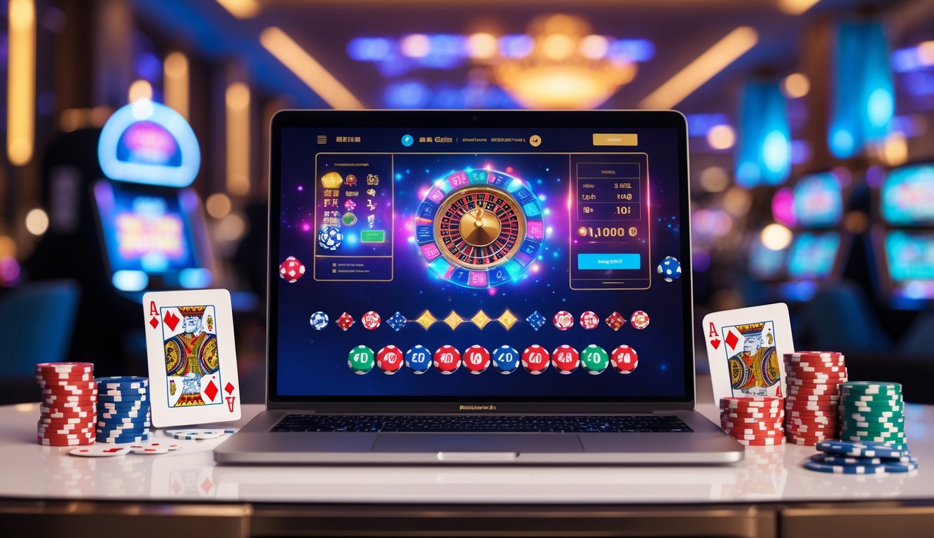 Sebuah meja kerja modern dengan komputer menampilkan grafik permainan online dan elemen kasino seperti kartu dan chip poker.