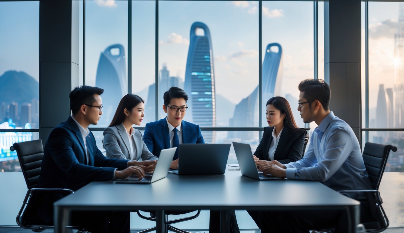 Sekelompok profesional bisnis sedang berdiskusi di ruang kantor modern dengan latar kota Macau yang samar.