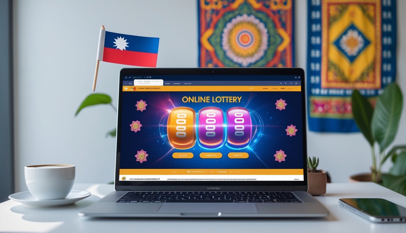 Seorang pria menggunakan laptop di meja kerja dengan latar belakang pola batik dan bendera kecil Indonesia di sampingnya.