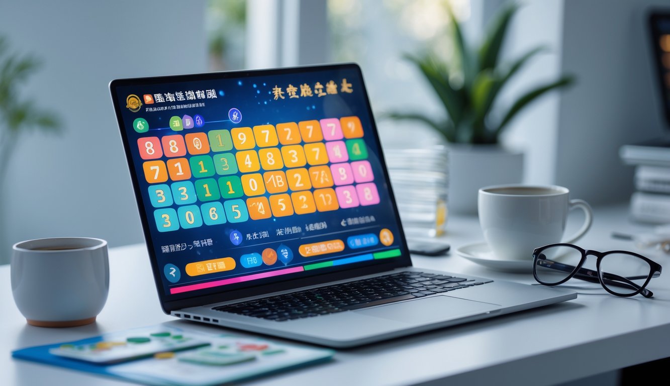 Seorang pria menggunakan laptop di meja dengan tampilan antarmuka lotere online yang penuh warna, di sampingnya terdapat secangkir kopi dan kacamata, di latar belakang terdapat tanaman dan alat tulis di ruang kerja rumah.