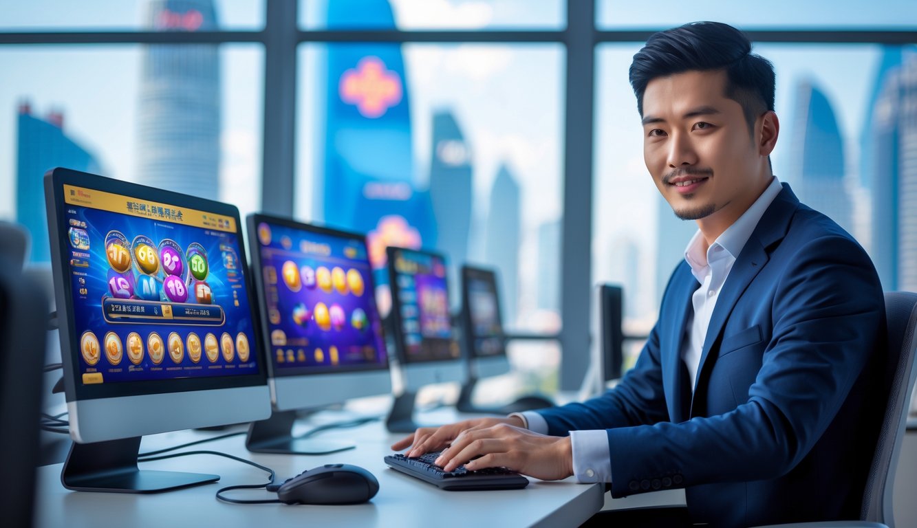 Seorang pria Asia duduk di meja kantor dengan beberapa layar komputer yang menampilkan grafik permainan lotere, dengan pemandangan kota Macau di latar belakang.