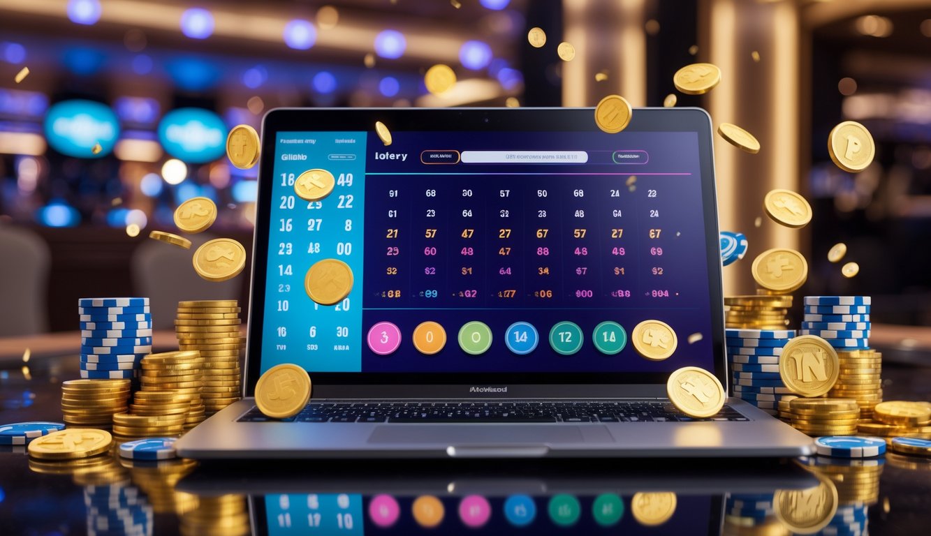 Suasana modern dengan perangkat elektronik menampilkan antarmuka lotre online dan koin emas berkilau di latar belakang kasino mewah.