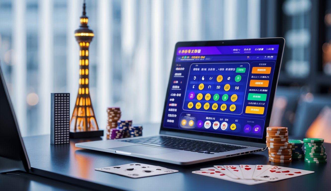 Suasana ruang kerja modern dengan komputer yang menampilkan situs taruhan online dan elemen kecil yang mewakili Macau seperti model menara dan chip kasino.