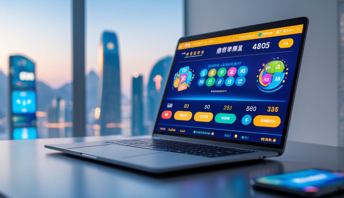 Layar komputer atau ponsel menampilkan antarmuka lotre digital dengan latar belakang kota Macau yang samar.