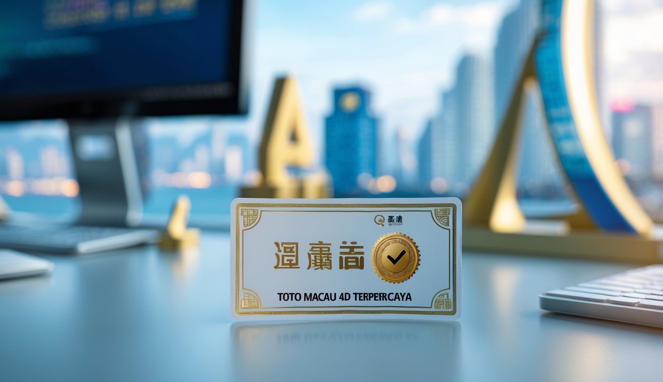 Sebuah tiket lotere Toto Macau 4D di atas meja dengan latar belakang model kecil cakrawala Macau.