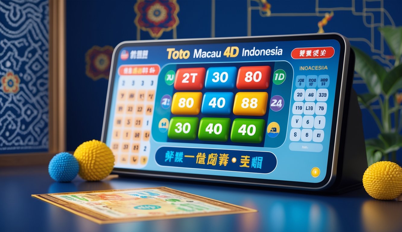 Layar digital dengan angka-angka lotere 4D dan elemen dekorasi batik tradisional Indonesia di latar belakang.