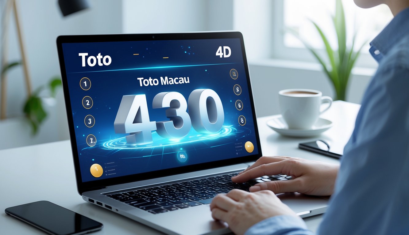 Seseorang menggunakan laptop di meja kerja dengan tampilan antarmuka permainan lotere online yang modern dan bersih.