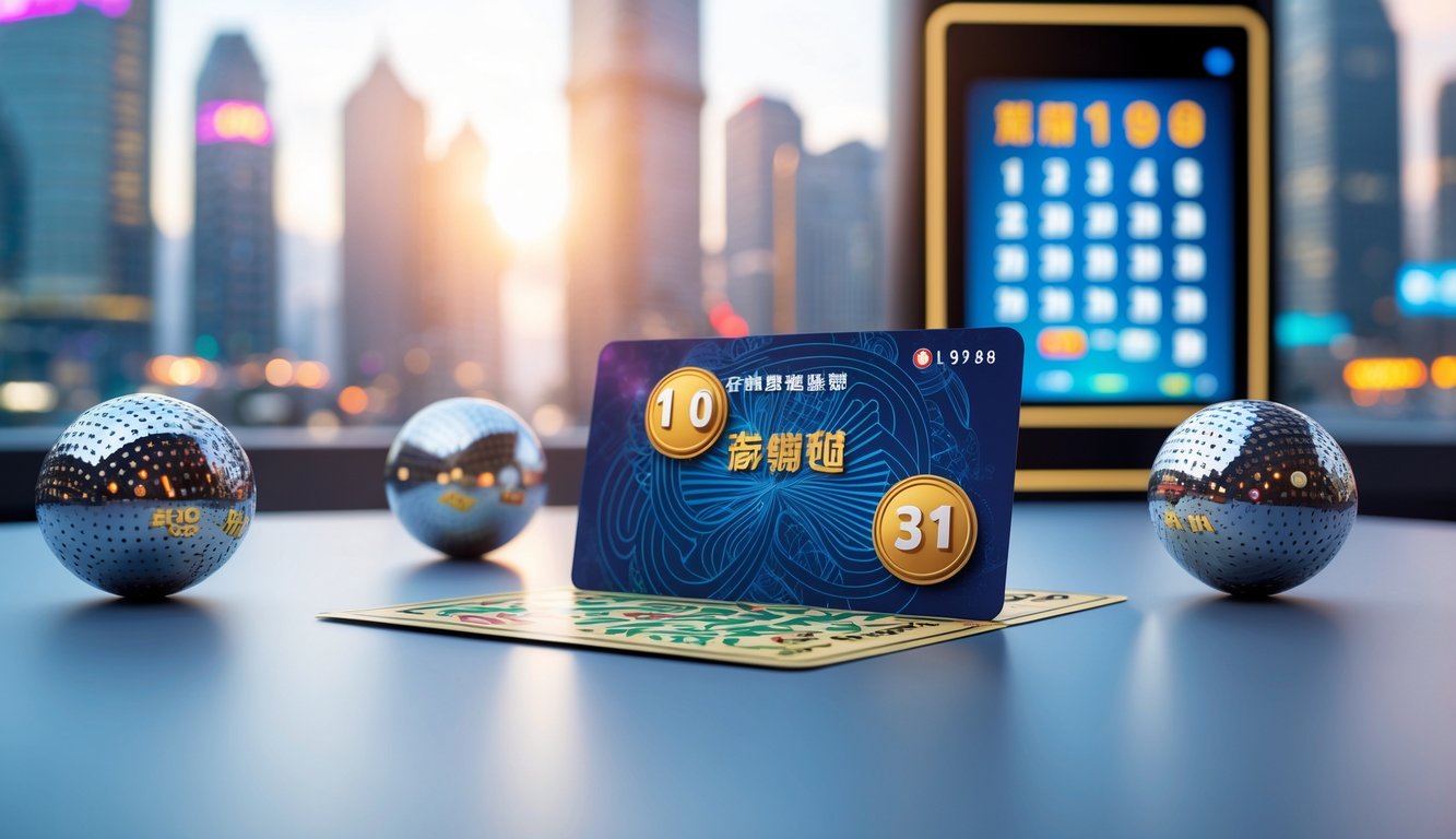 Sebuah tiket lotere modern dengan bola lotere bernomor dan latar belakang kota yang samar, menggambarkan suasana undian lotere.