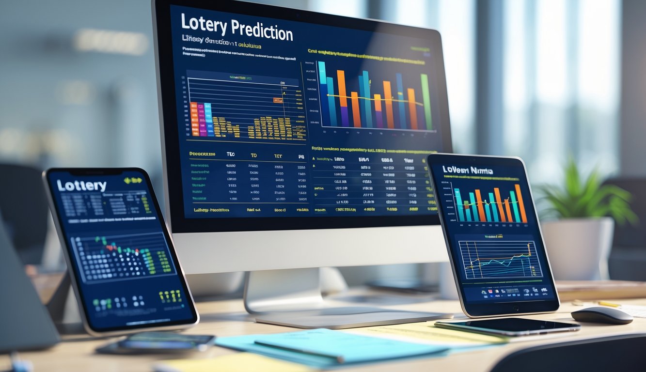 Suasana meja kerja dengan komputer, tablet, dan alat tulis yang menampilkan grafik dan data prediksi angka lotre.