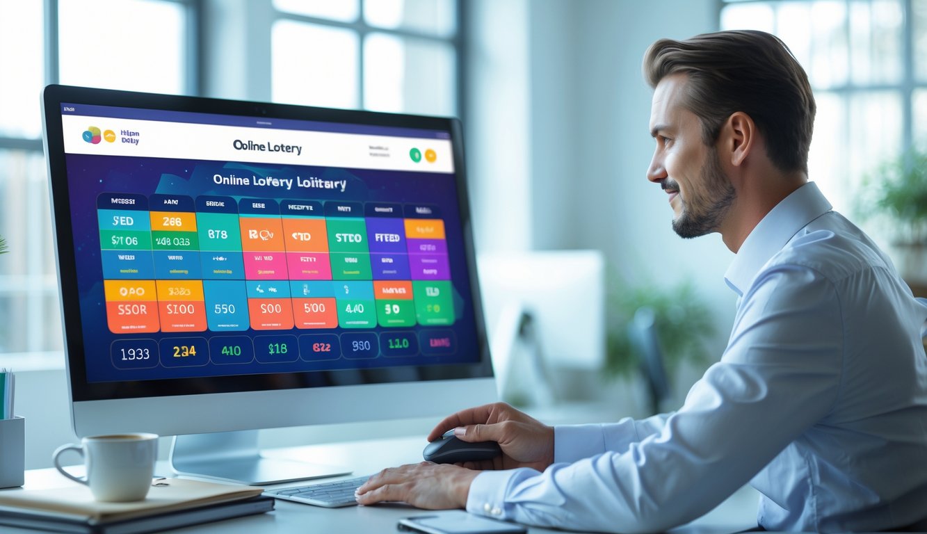 Seorang profesional menggunakan komputer dengan tampilan platform lotere online di kantor yang terang dan rapi.