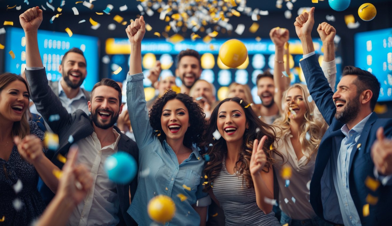Sekelompok orang yang bahagia merayakan kemenangan jackpot lotere dengan ekspresi gembira dan suasana meriah.