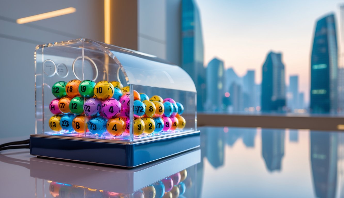 Mesin undian lotere transparan dengan bola bernomor berwarna-warni di latar belakang kota Macau yang samar.