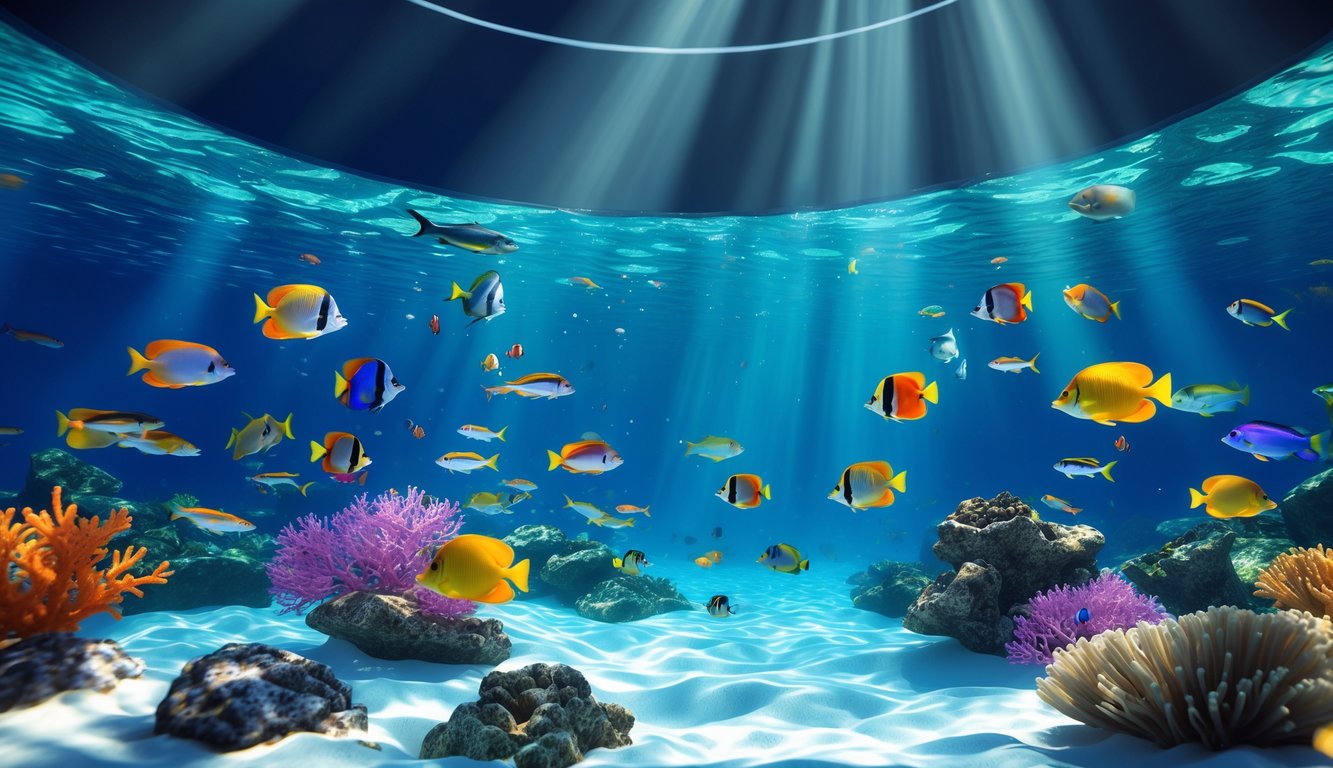 Pemandangan bawah laut dengan ikan tropis berwarna-warni berenang di sekitar terumbu karang dengan cahaya matahari menembus air.