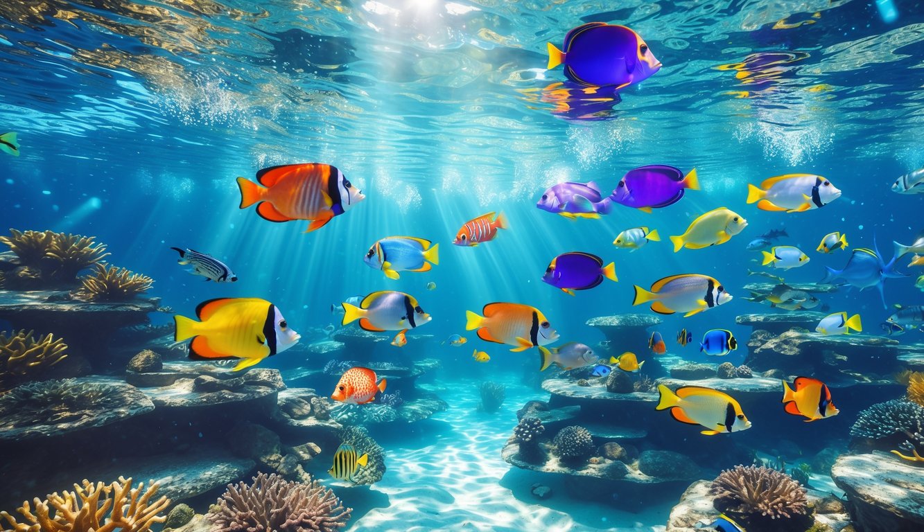 Pemandangan bawah laut dengan ikan tropis berwarna-warni berenang di antara terumbu karang yang indah.