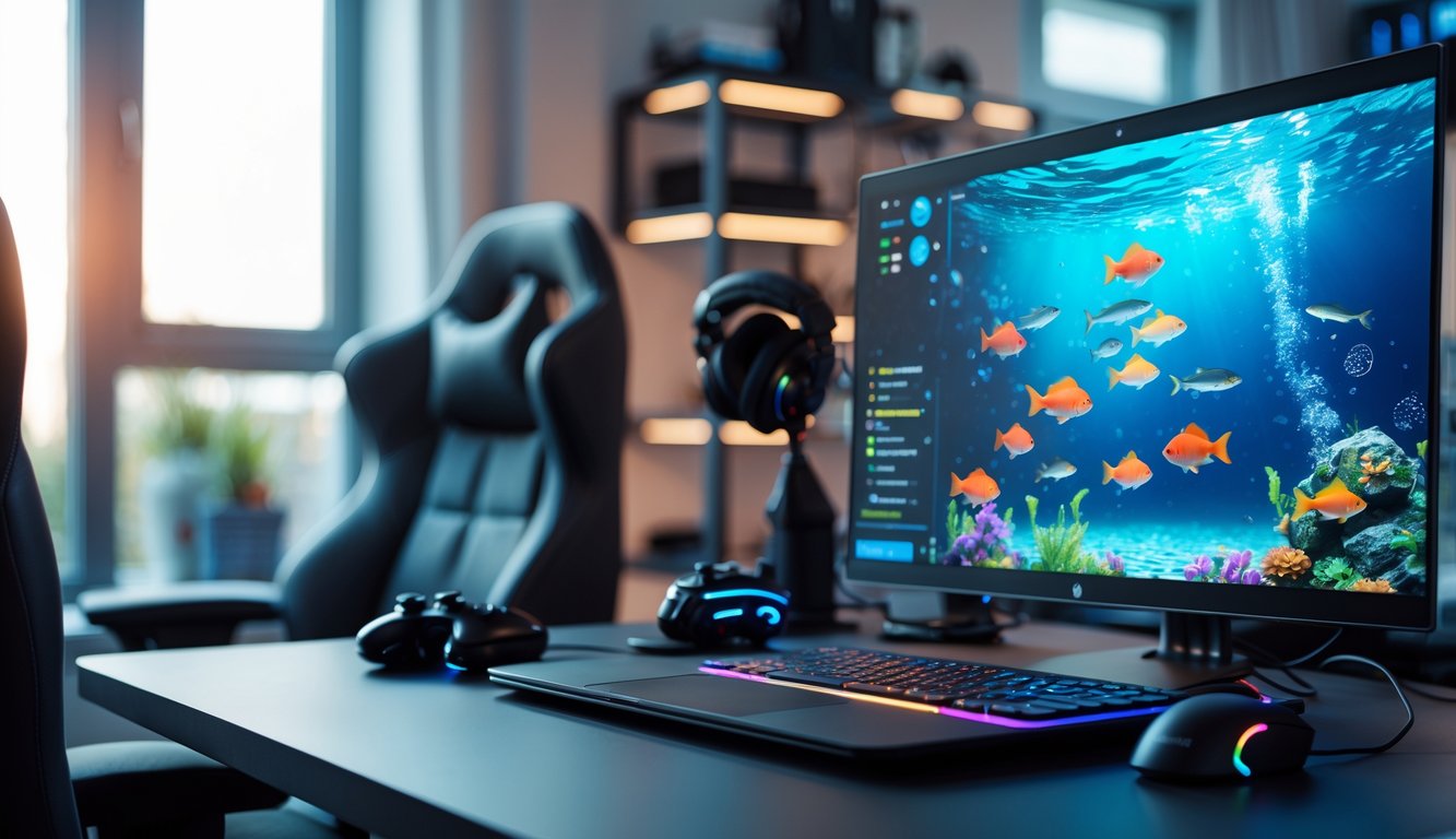 Sebuah ruangan gaming modern dengan komputer yang menampilkan grafik ikan berwarna-warni di layar.