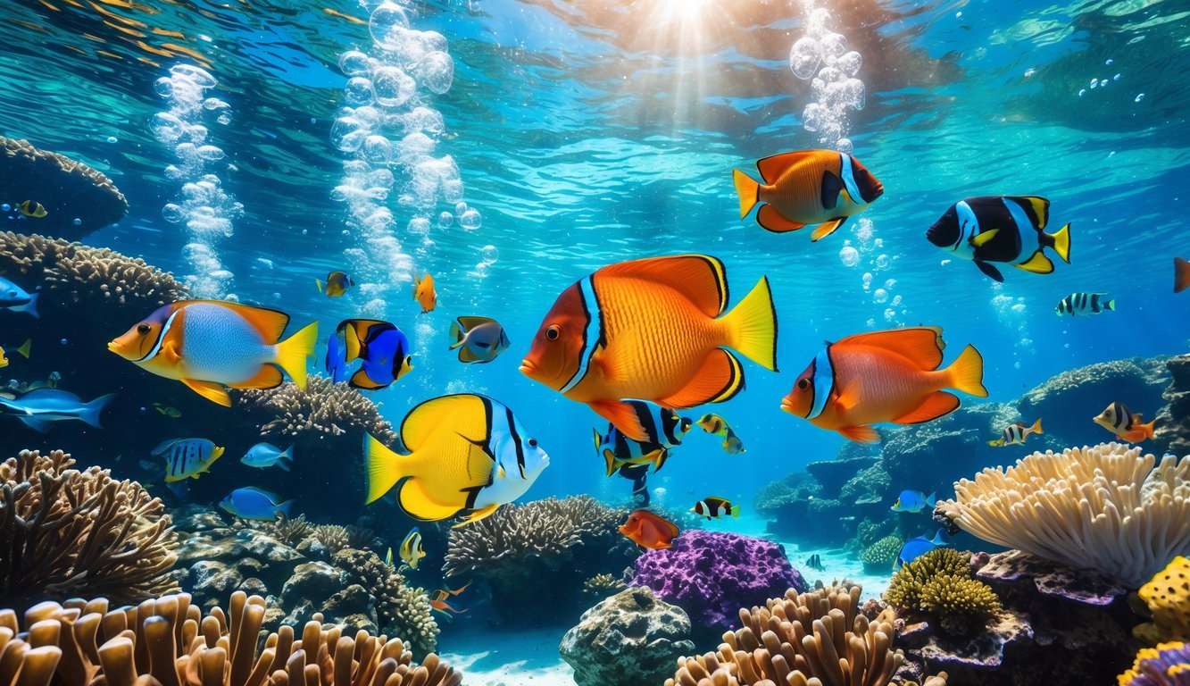 Pemandangan bawah laut dengan berbagai ikan tropis berwarna-warni berenang di sekitar terumbu karang.