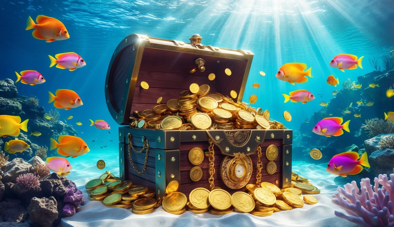 Pemandangan bawah laut dengan ikan tropis berwarna-warni berenang di sekitar peti harta karun yang penuh dengan koin emas dan permata.