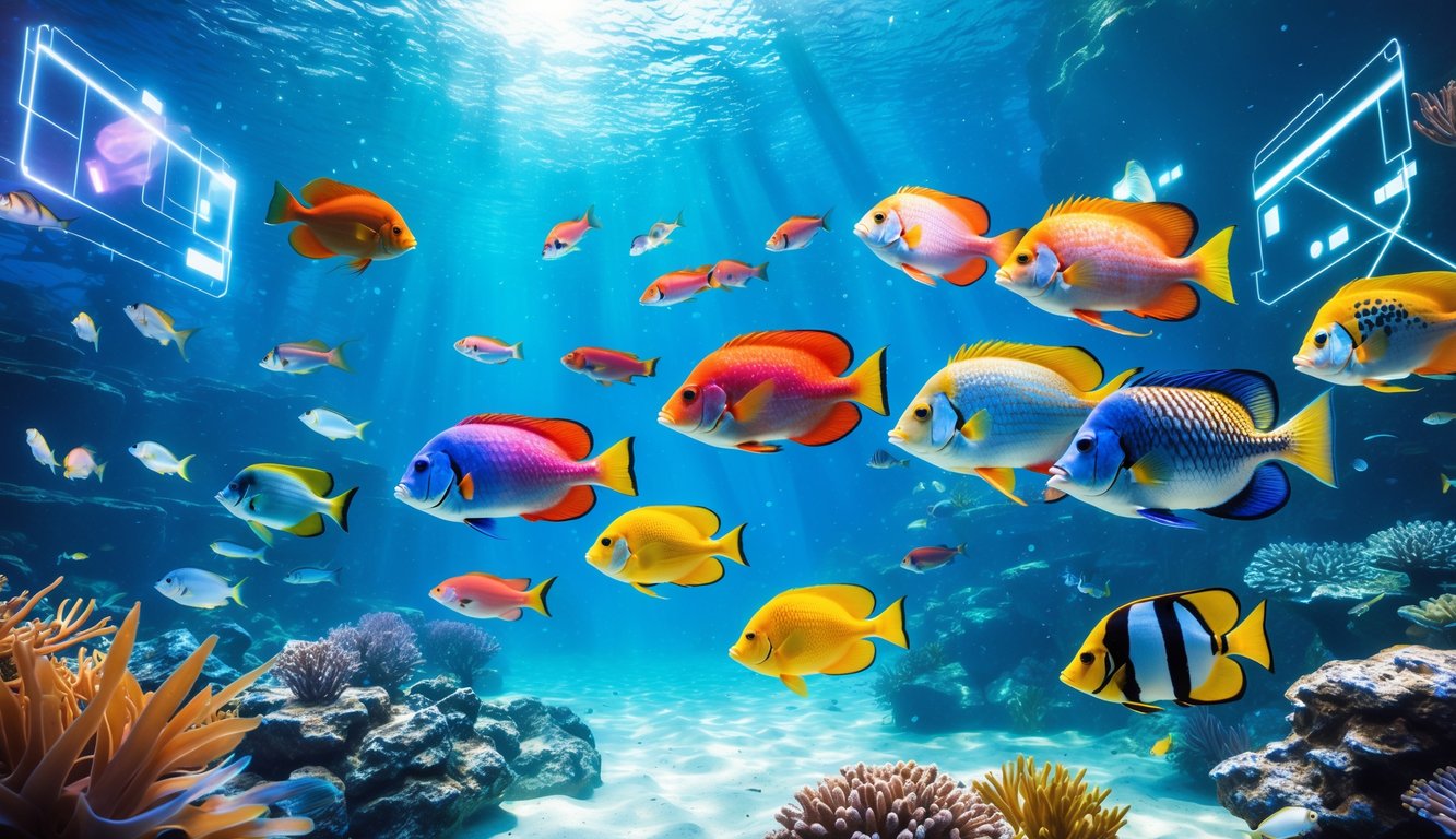 Pemandangan bawah laut dengan berbagai ikan tropis berwarna-warni berenang di air jernih biru.