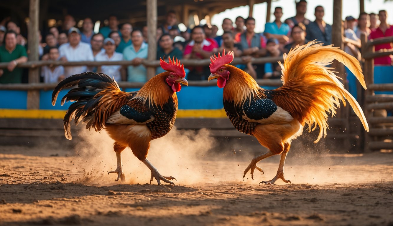 Dua ayam jago sedang bertarung di arena sabung ayam dengan penonton di latar belakang.