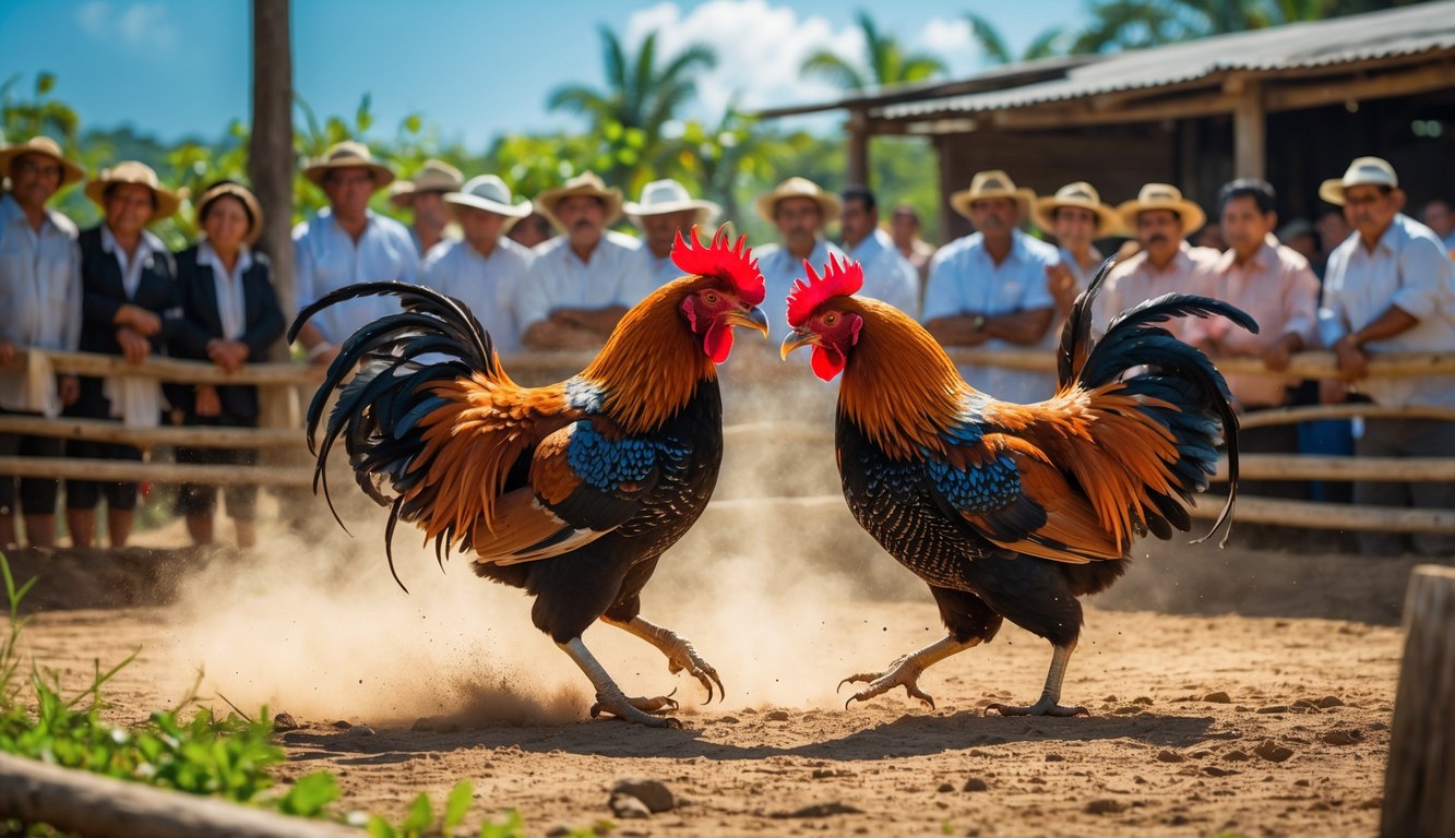 Dua ayam jago sedang bertarung di luar ruangan dengan penonton yang memperhatikan di latar belakang.